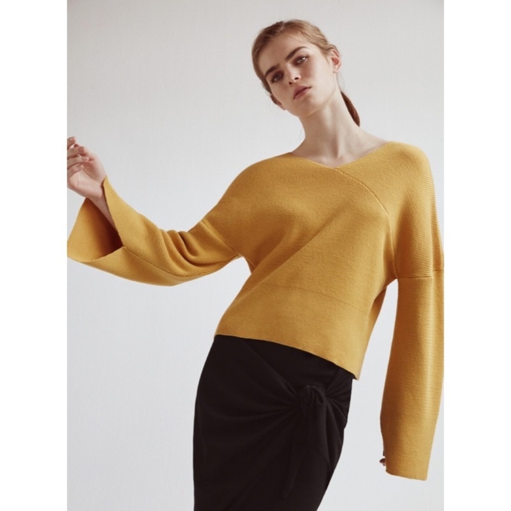 Mango Yellow V Neck Asymmetrical Sweater - Picture 3 of 7